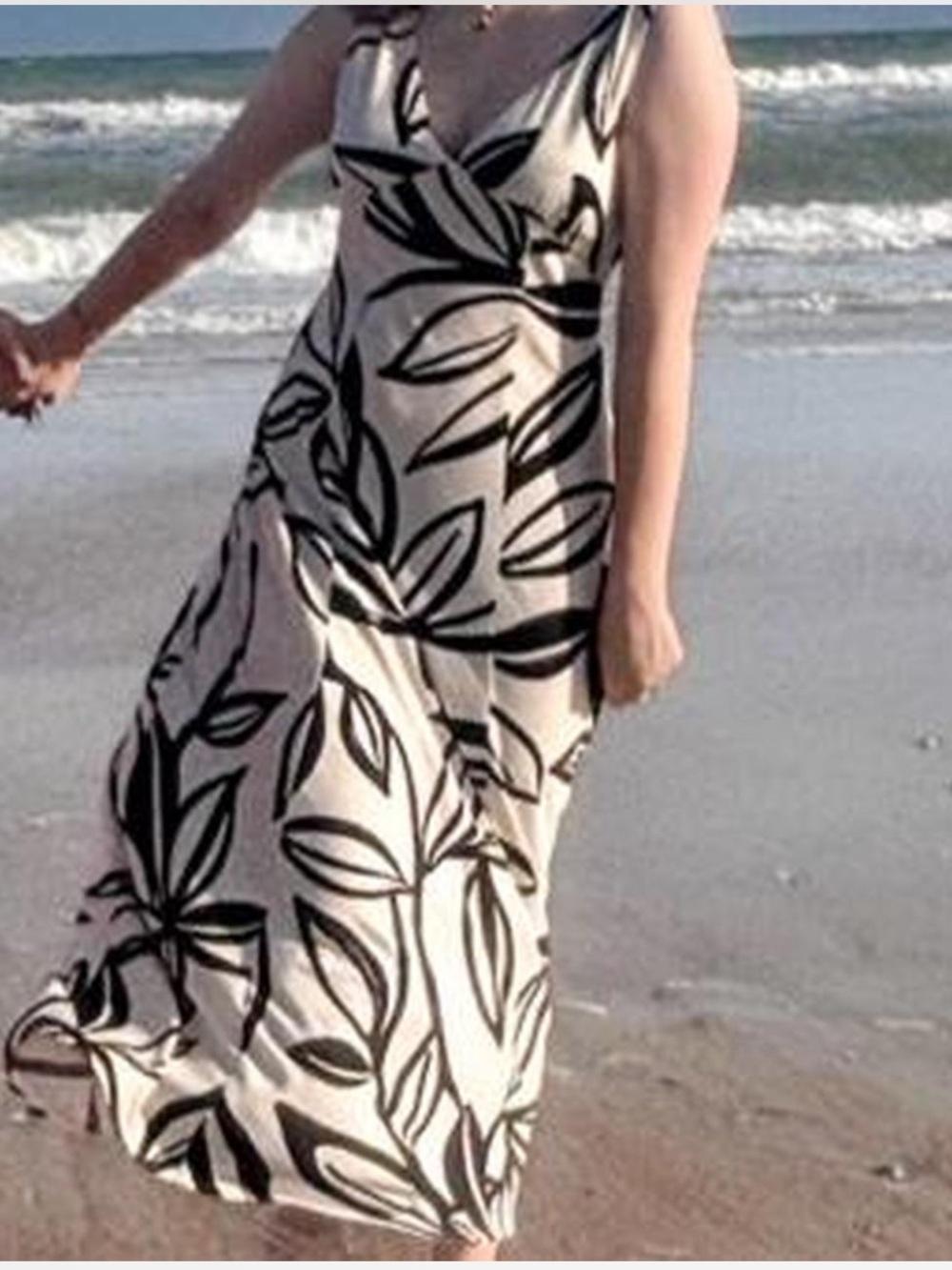 Cream Maxi Slip Dress with Black Leaf Print